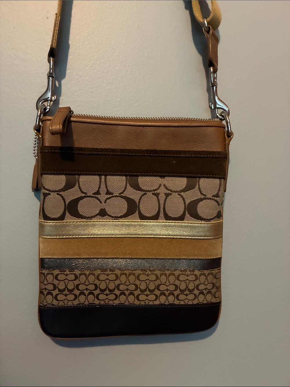 Coach Multi-Stripe Signature Crossbody in Brown and Gold